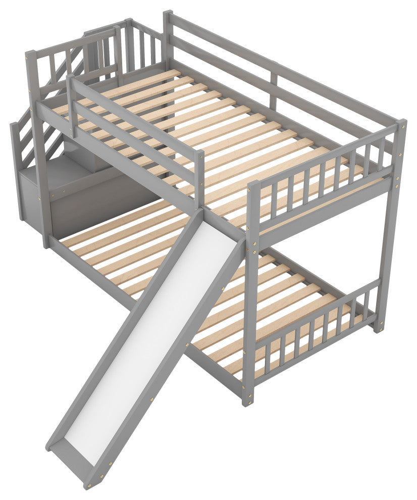 Twin over Twin Bunk Bed With Convertible Slide and Stairway, Gray
