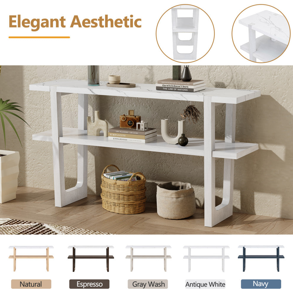 TATEUS Narrow Console Table with Marble-Effect Top for Entryway and Living Room, Antique White