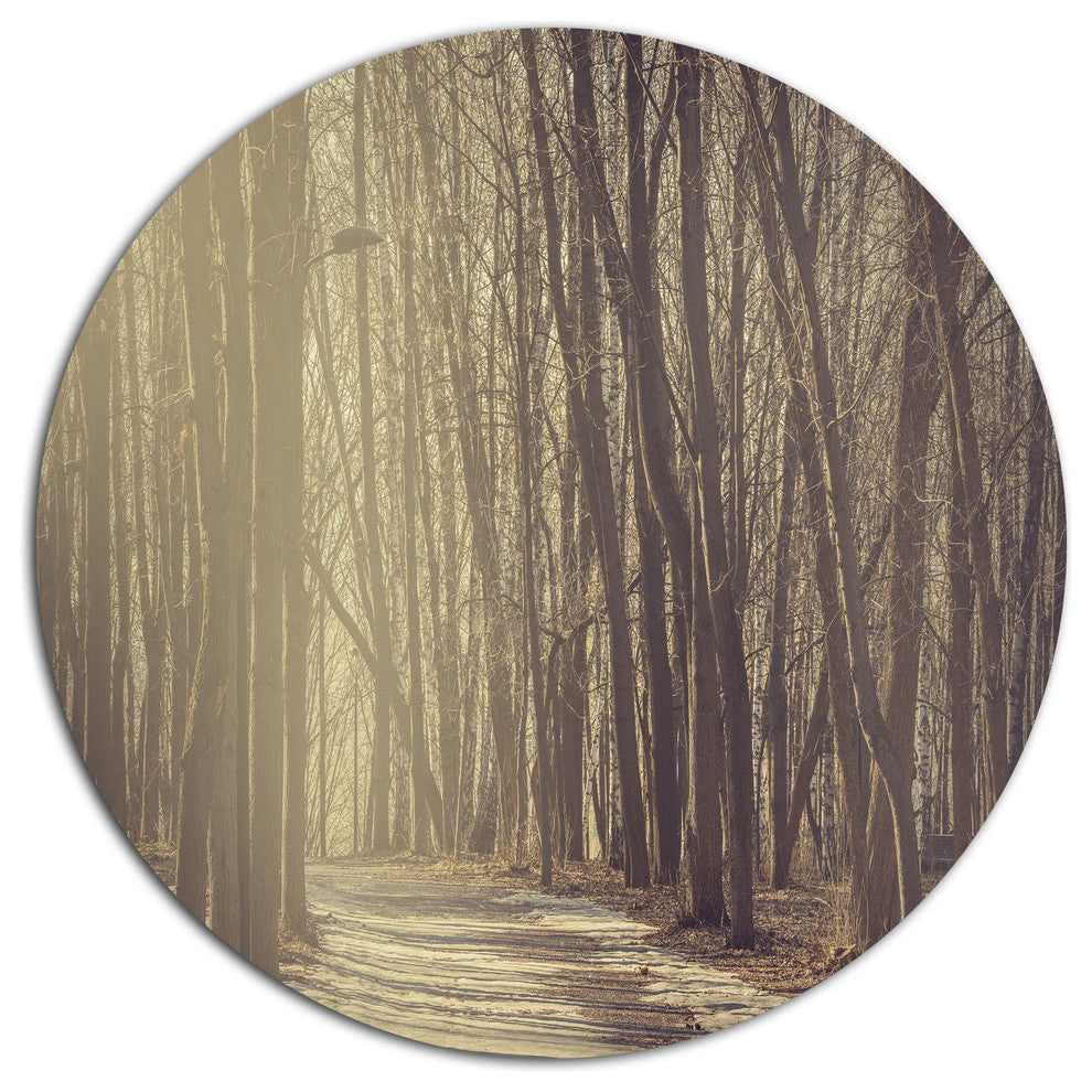 Path In The Foggy Fall Forest, Modern Forest Round Metal Wall Art, 36"
