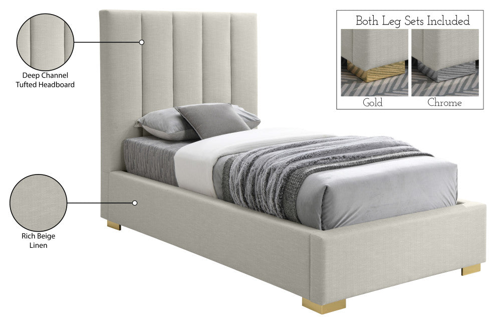 Pierce Linen Textured Fabric Upholstered Bed, Beige, Twin