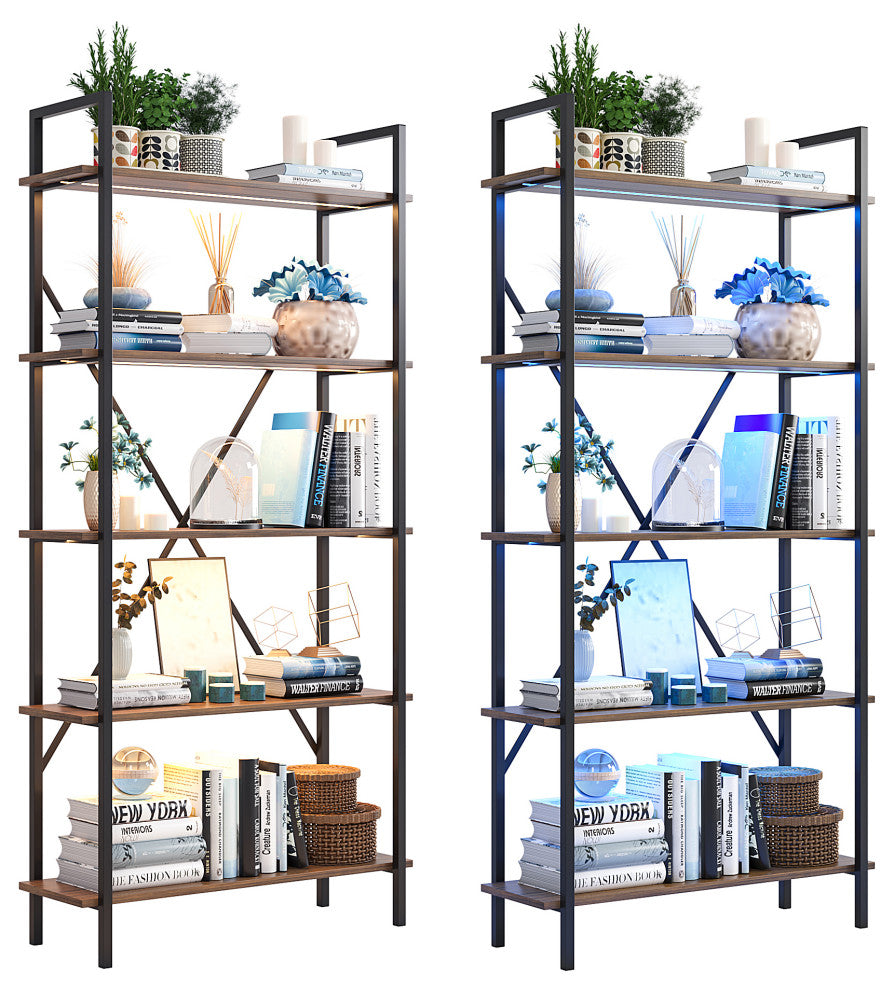 Multifunctional Smart Industrial 5-Shelf Bookcase W/ Tricolor Dimming LED Light,