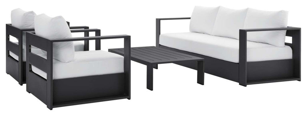 Lounge Sectional Sofa Chair Table Set, White, Aluminum, Modern, Outdoor Patio