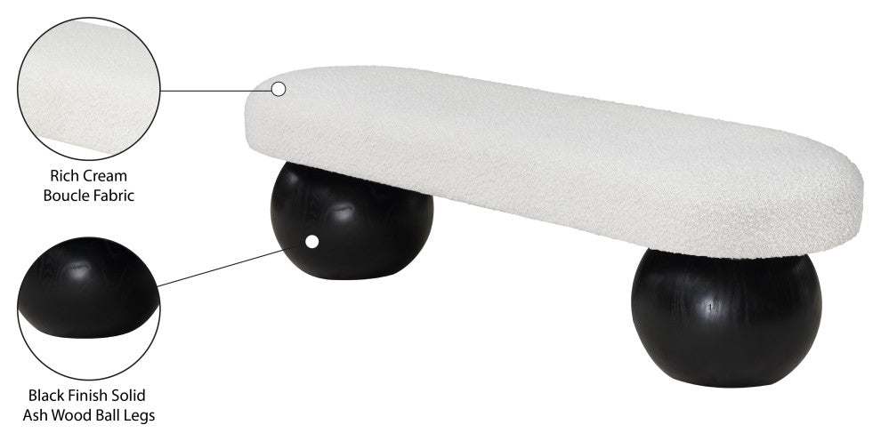Meridian Furniture Bowie Boucle Fabric Upholstered Bench, Cream, Black Finish