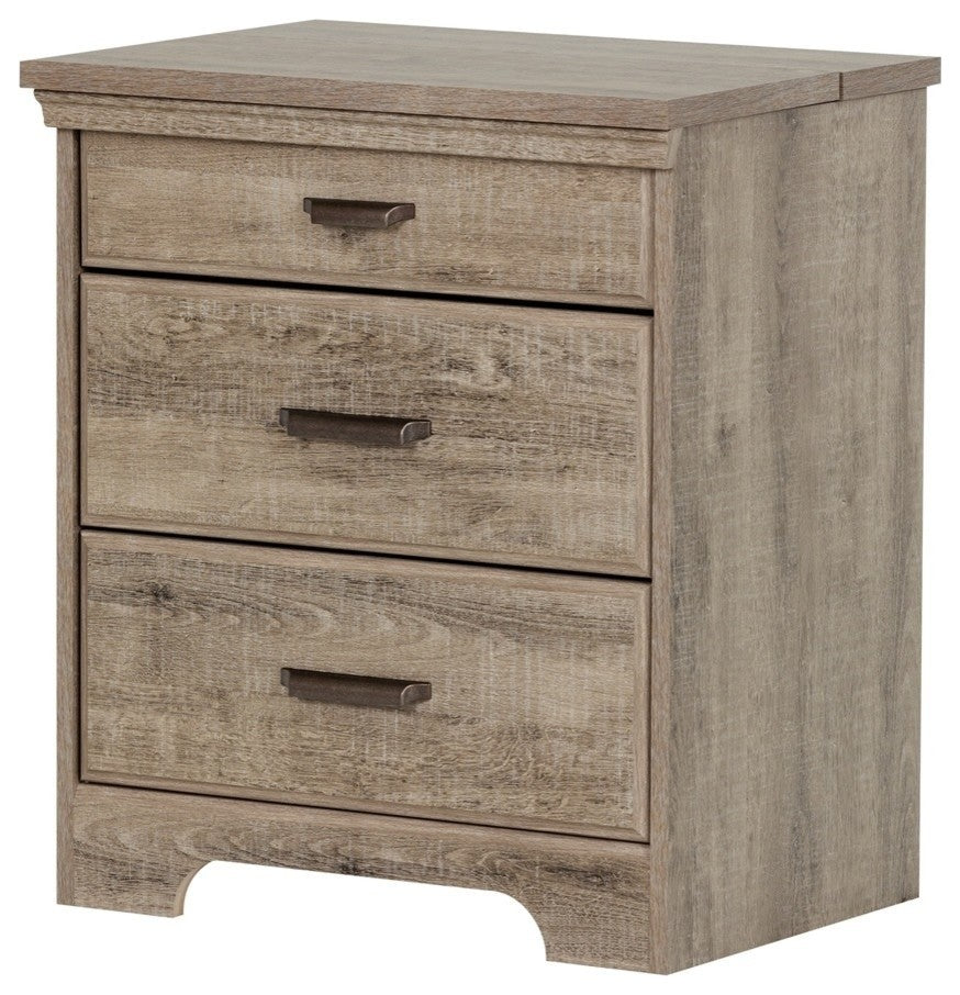 South Shore Versa Nightstand With Charging Station And Drawers, Weathered Oak