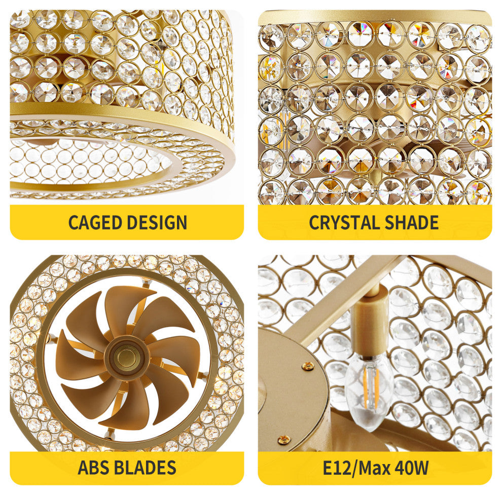 18" Caged Crystal Ceiling Fan with Light Kit and Remote Control, Gold