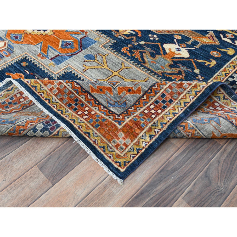 Navy Blue, Wool Hand Knotted, Armenian Inspired Design 200 KPSI Rug, 8'4"x9'7"