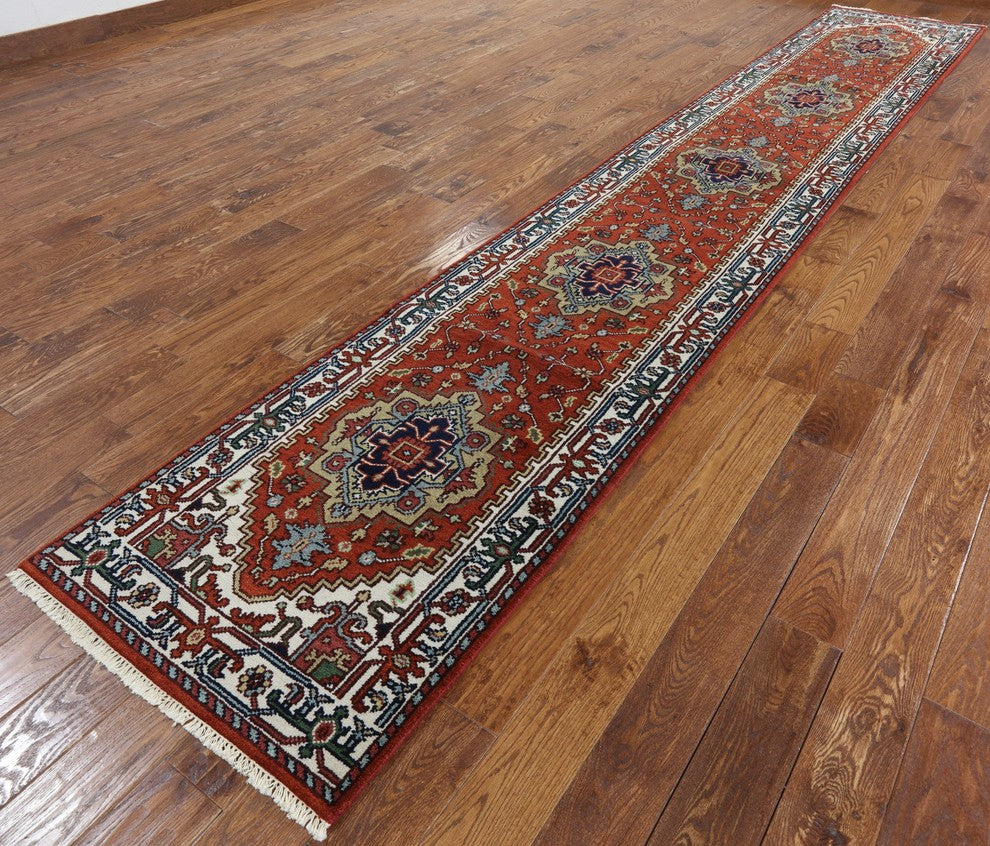 Oriental Heriz Serapi Red and Ivory Hand-Knotted Wool Rug, 3'x16'