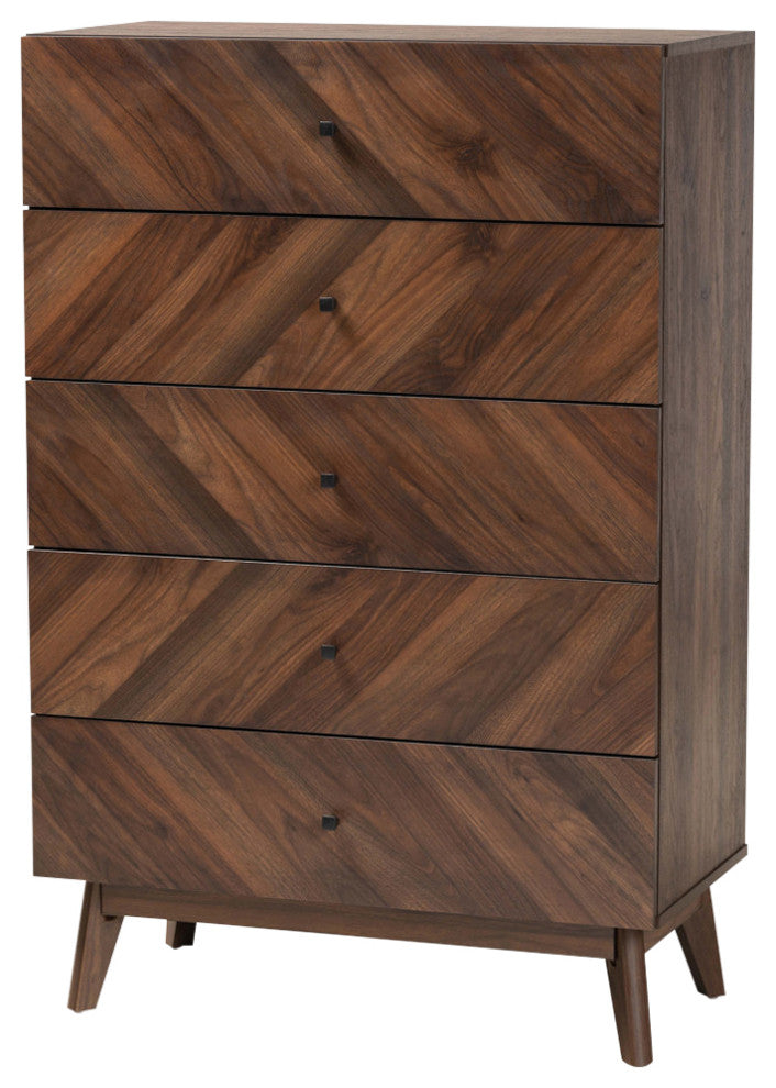 Hugo Mid-Century 5-Drawer Chest, Walnut Brown