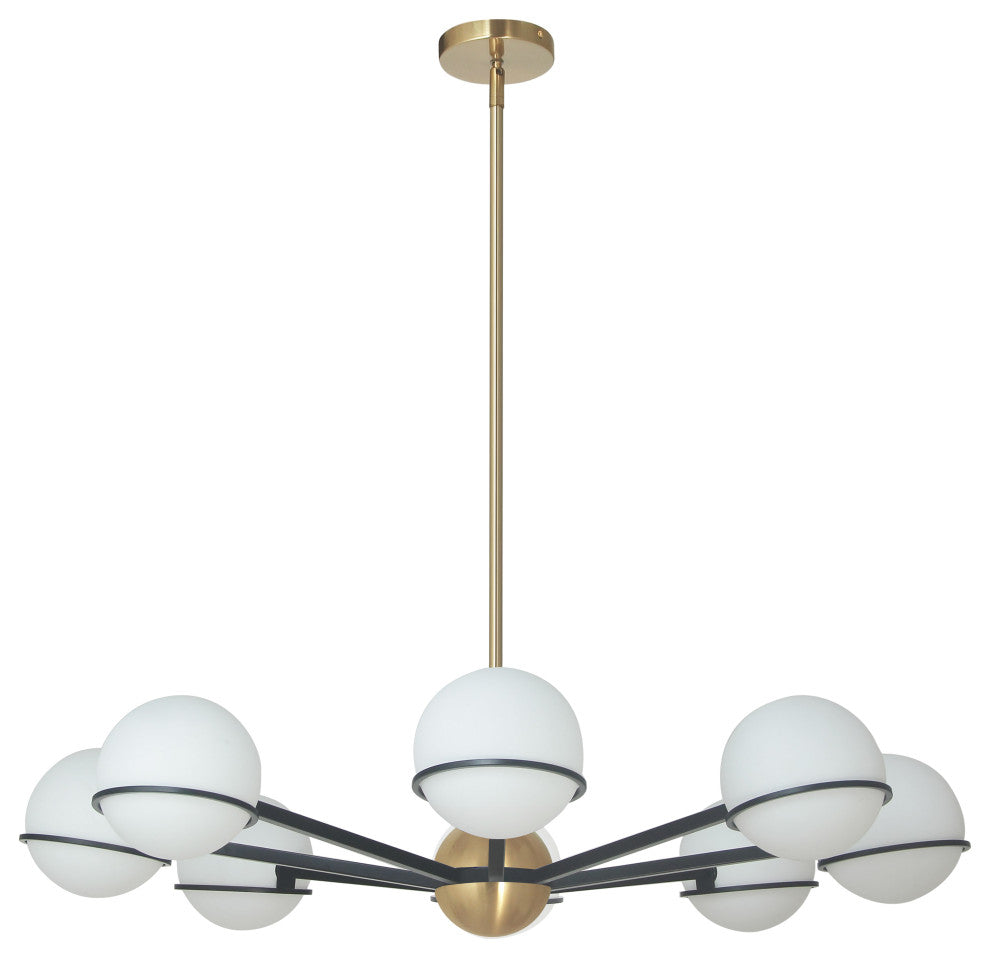 Matte Black and Aged Brass Modern Chandelier With White Glass