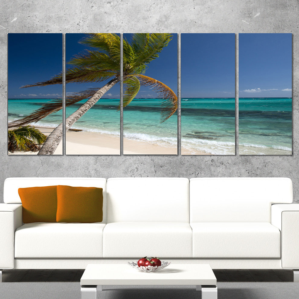 "Palm Bent To Picturesque Seashore" Modern Seascape Wall Art, 5 Panels, 60"x28"