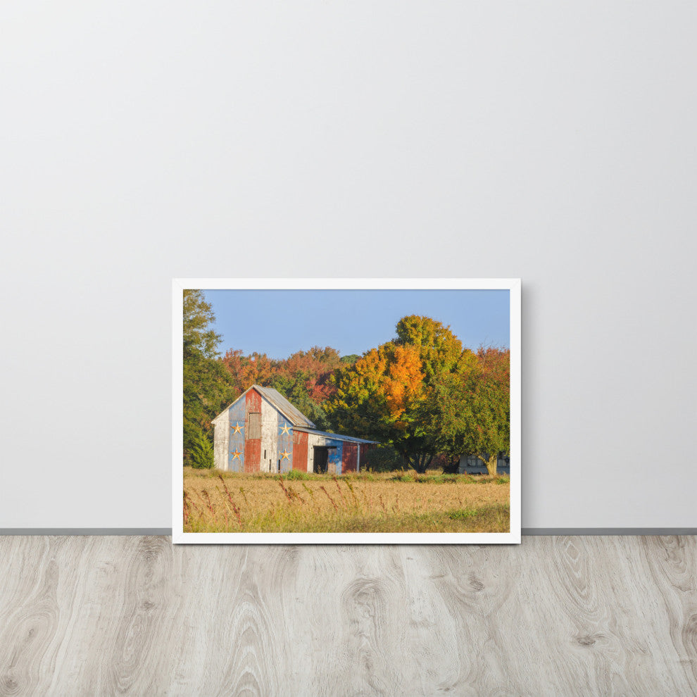 Patriotic Barn in Field Rural Landscape Framed Photo Paper Wall Art Prints, White, 18" X 24"