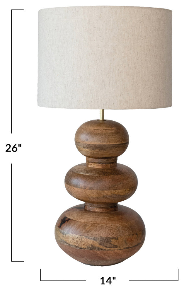 14" Mango Wood Table Lamp, Linen Shade, Inline Switch, 40 Watts Maximum