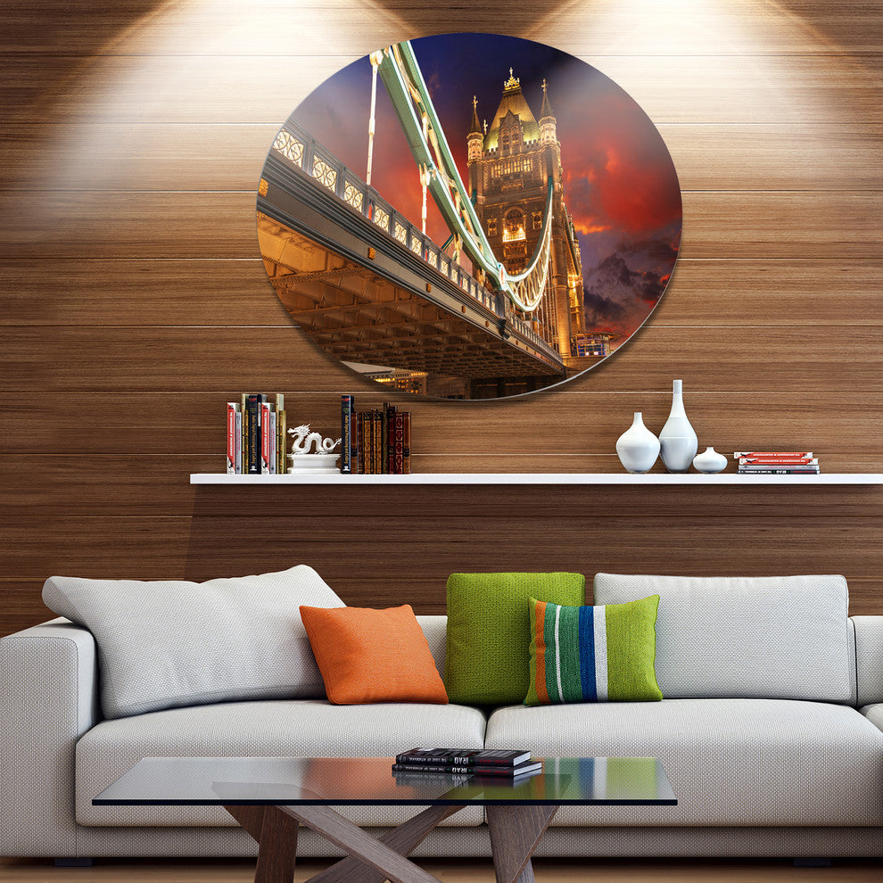 Famous Tower Bridge At Night, Modern Cityscape Round Wall Art, 38"