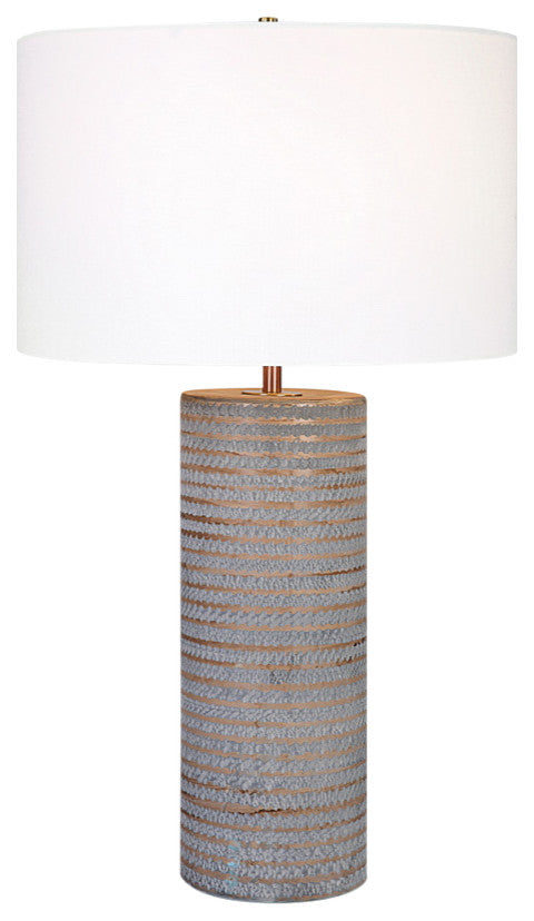 Rustic Chiseled Gray Brown Stripe Cylinder Table Lamp 29in Carved Ceramic Bronze