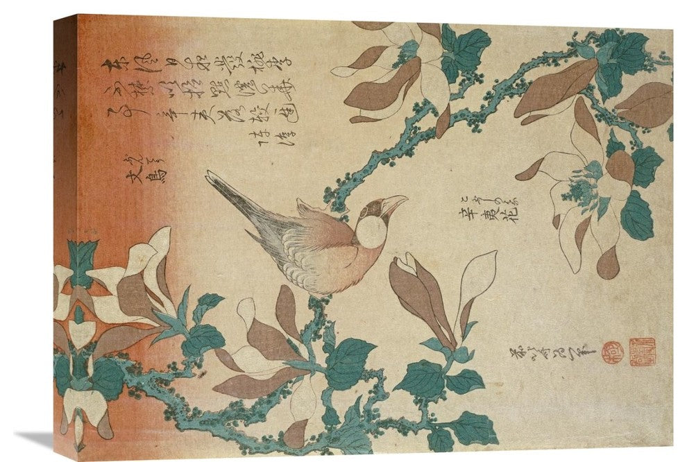 "A Paddy Bird Perched On a Flowering Magnolia Branch" Artwork, 22" x 16"
