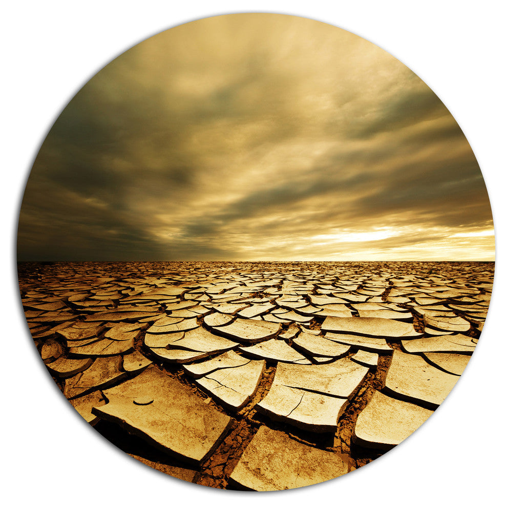 Broken Drought Land With Dark Clouds, African Round Metal Wall Art, 11"