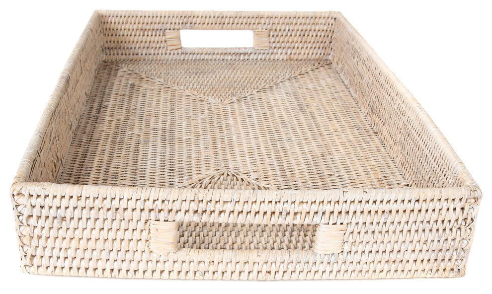 Artifacts Rattan Rectangular Tray With Cutout Handles, White Wash, Large