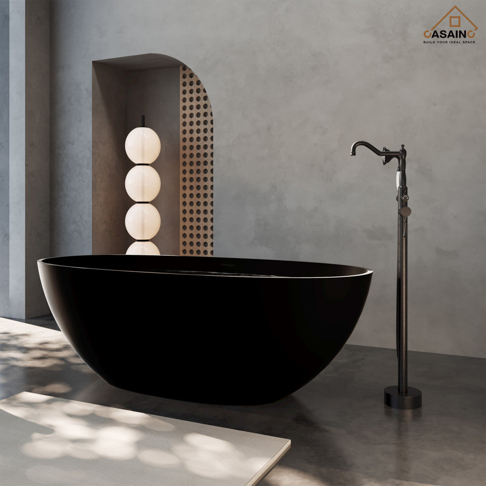 65in Solid Surface Freestanding Bathtub in Matte Black, Matte Black