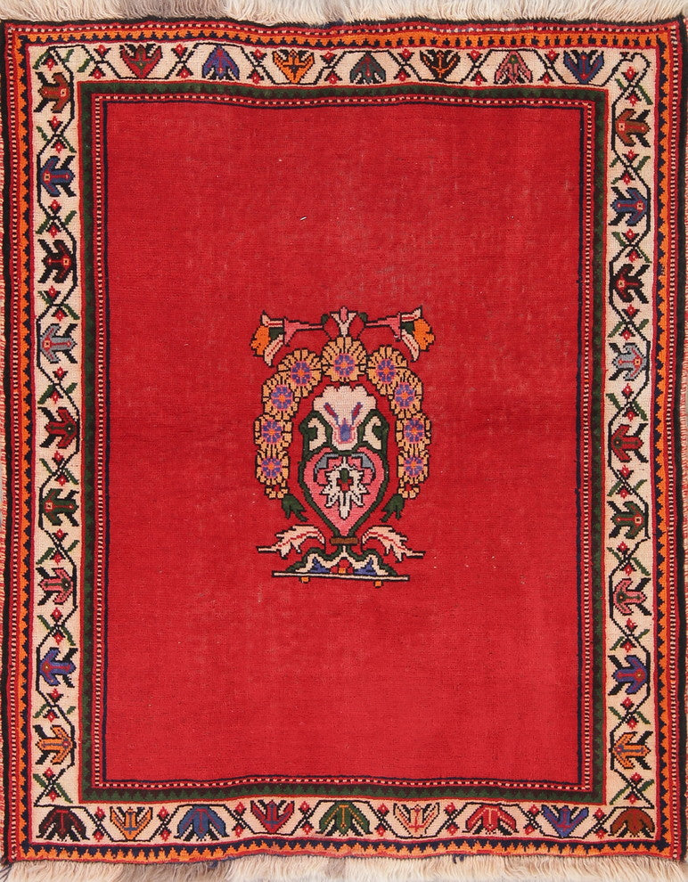 Consigned, Worn Oriental Shiraz Hand-Knotted Persian Vintage Rug, Red, 4'6"X3'8"