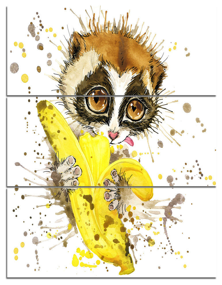 "Lemur Eating Banana Graphics Art" Metal Wall Art, 3 Panels, 28"x36"