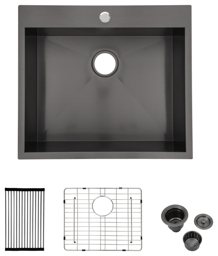 Black Stainless Steel Single Bowl Drop-In Kitchen Sink with Rinse Grid, Gunmetal Black, 25'' X 22''