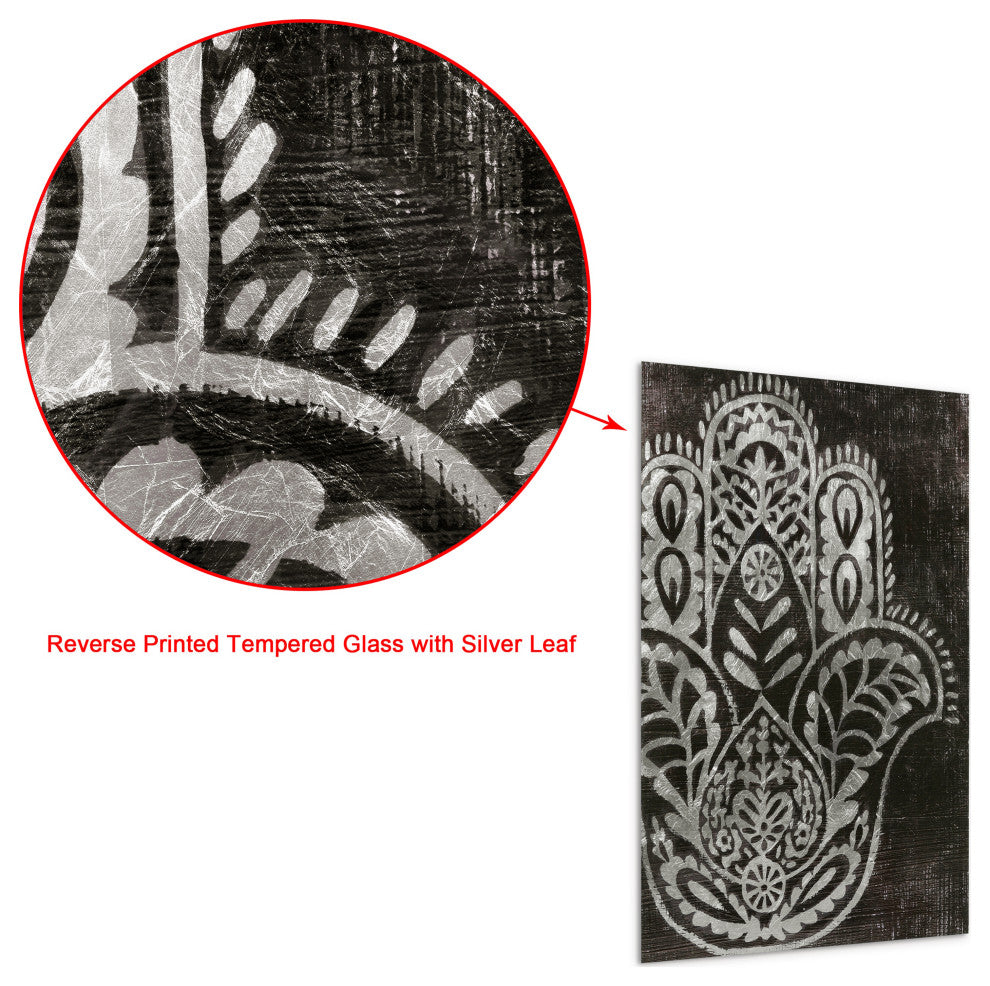 "Night Hamsa I" Wall Art Reverse Printed Tempered Glass With Silver Leaf