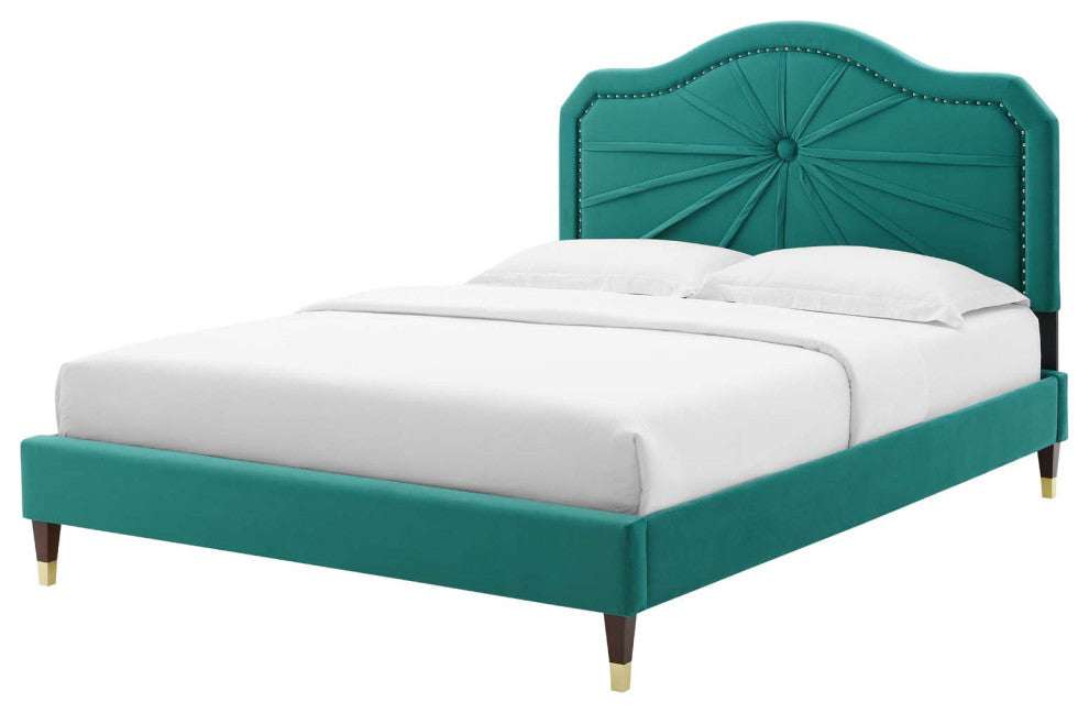 Platform Bed Frame, Full Size, Velvet, Teal Blue, Modern Contemporary, Bedroom