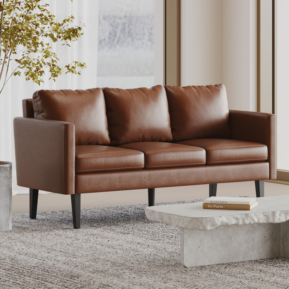 Dowd Mid Century Modern Faux Leather 3 Seater Sofa, Cognac Brown/Dark Brown
