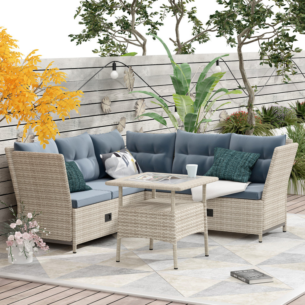 4 Pieces Outdoor Rattan Patio Sectional Sofa Set With Adjustable Backs