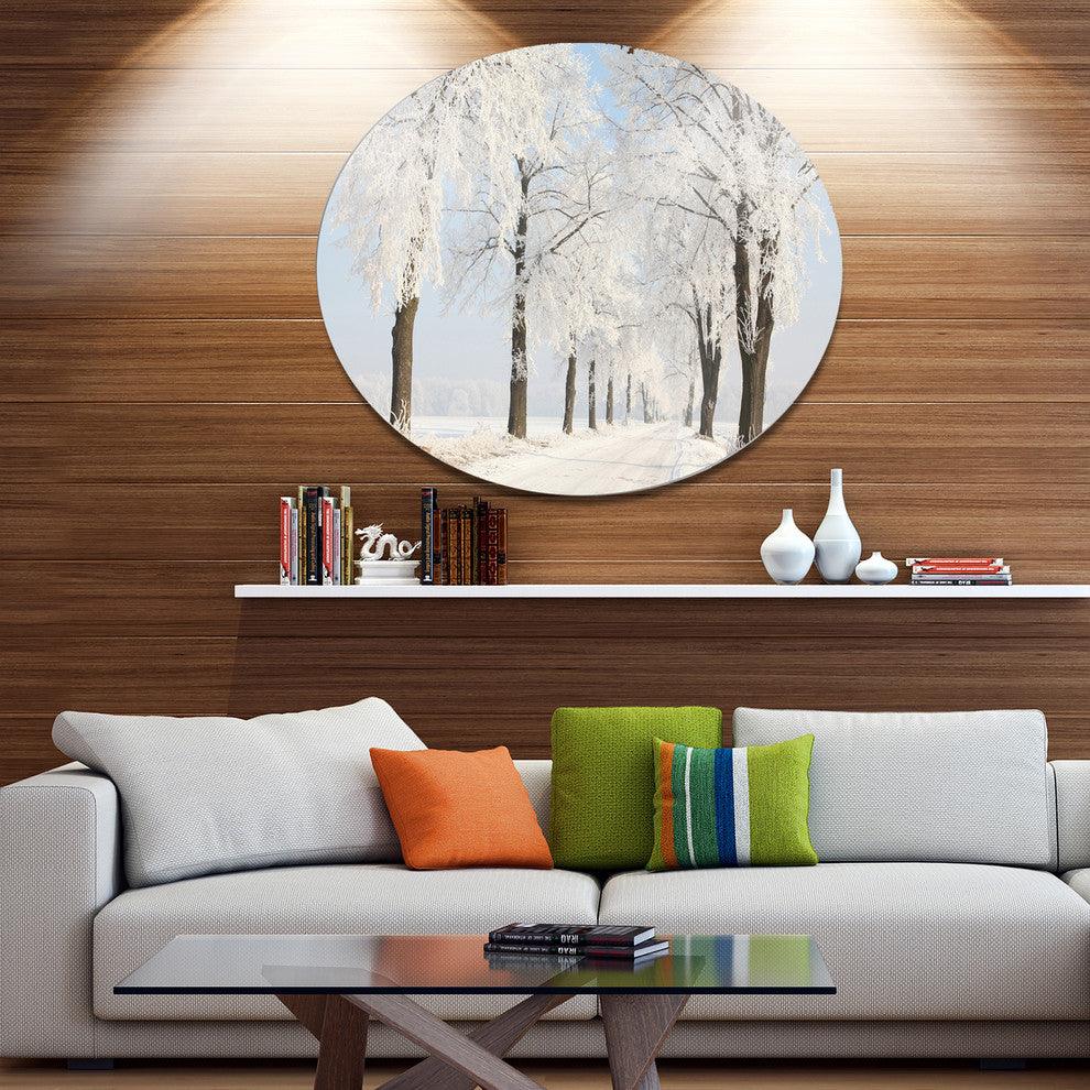 Winter Lane On Sunny Morning, Modern Forest Round Wall Art, 11"