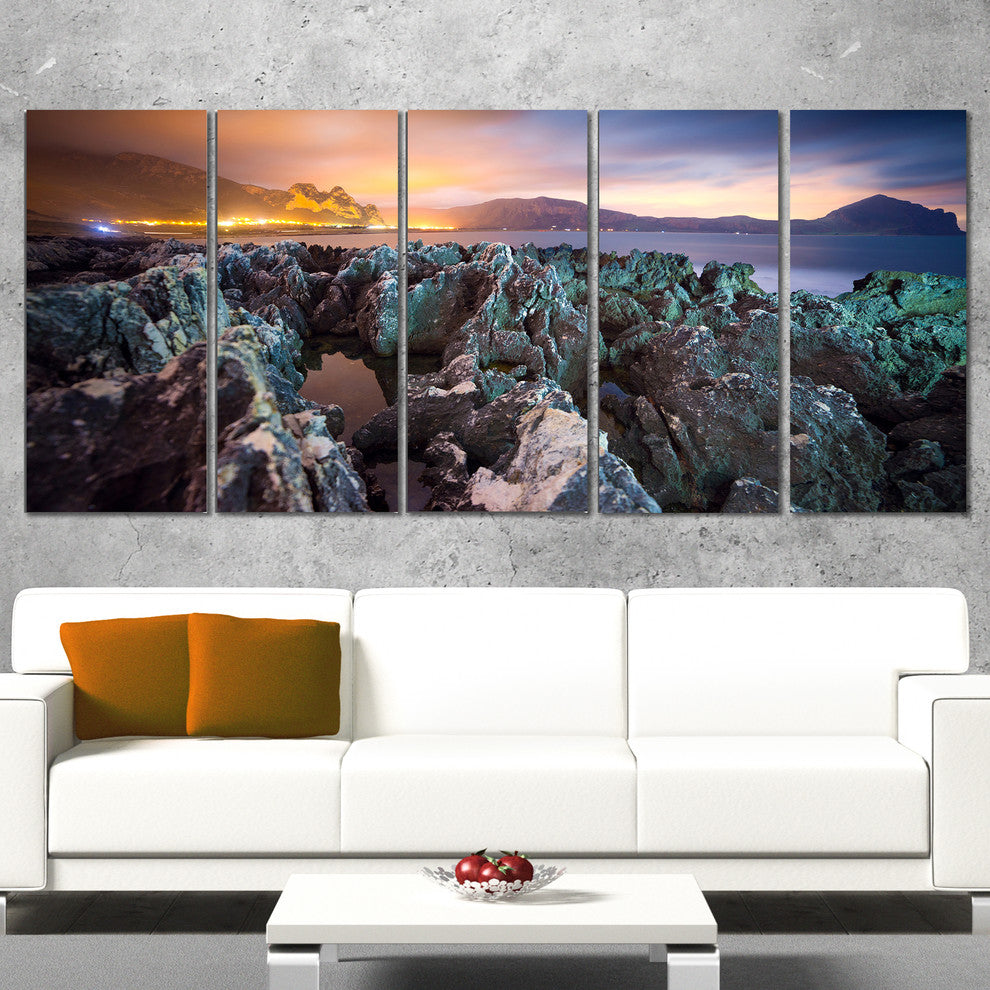 Beautiful Night View of Coast, Landscape Canvas Art Print, 60"x28", 5 Panels