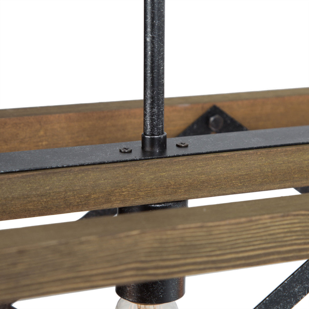 LNC 4-Lights Farmhouse Antique Black and Natural Wood Grain Linear Chandelier
