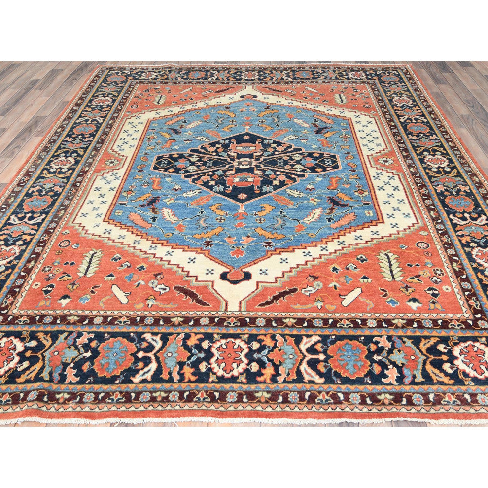 Coral Orange, Afghan Peshawar Heriz Wool Hand Knotted Oriental Rug, 8'x9'6"