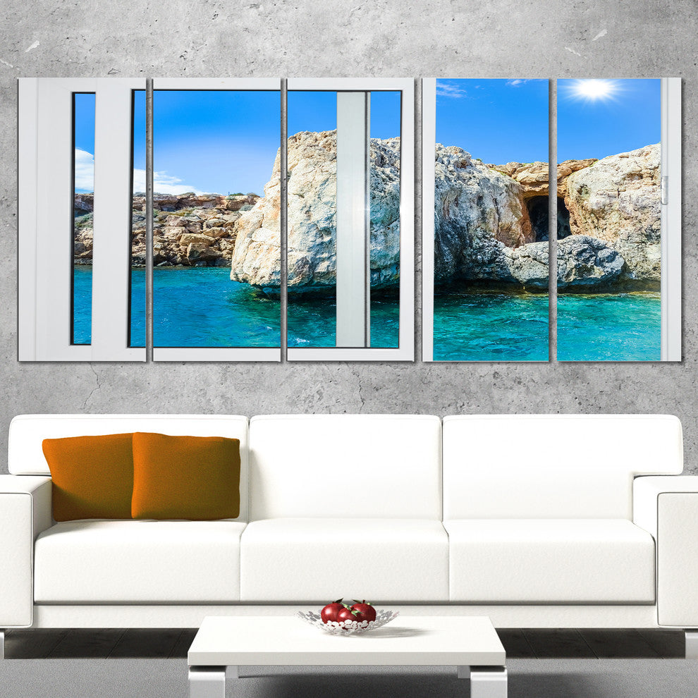 "Open Window To Rocky Sunny Ocean" Seashore Wall Art, 5 Panels, 60"x28"