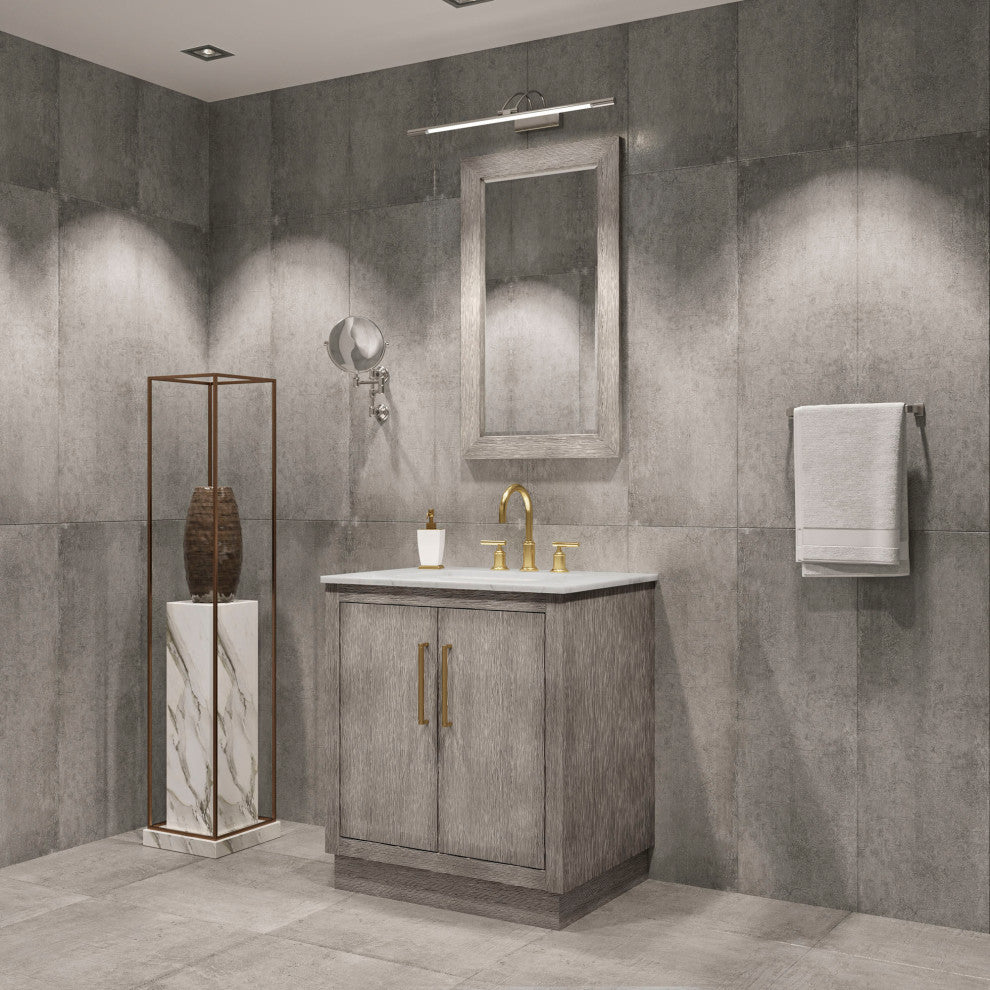 30 Single Sink White Marble Vanity, Gray Oak With Gooseneck Faucet and Mirror