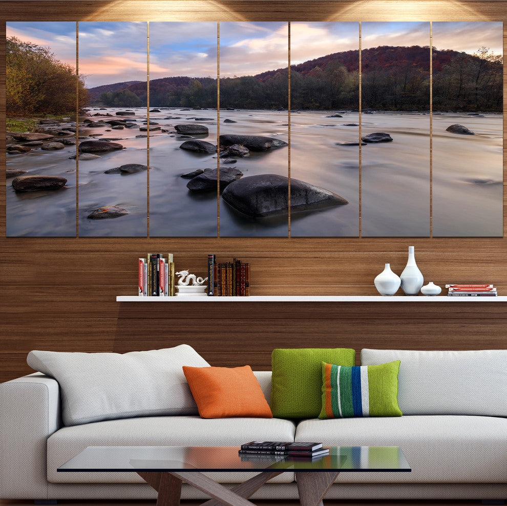 Rocky Mountain River in Autumn, Seashore Wall Art on Canvas, 83"x32", 7 Panels