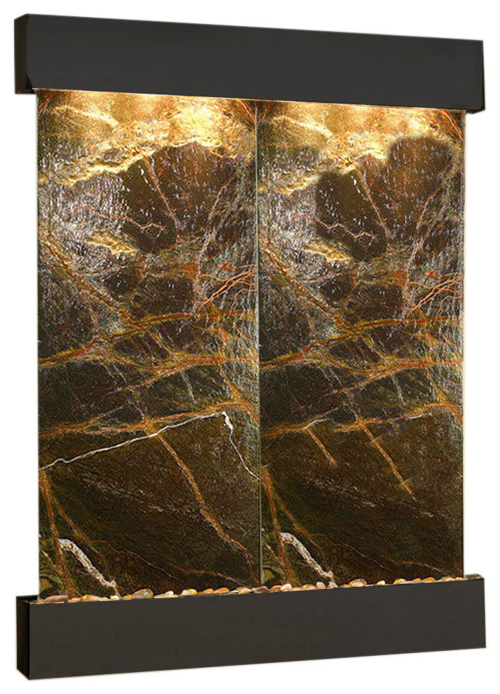 Majestic River Water Fountain, Green Marble, Blackened Copper, Square Edges