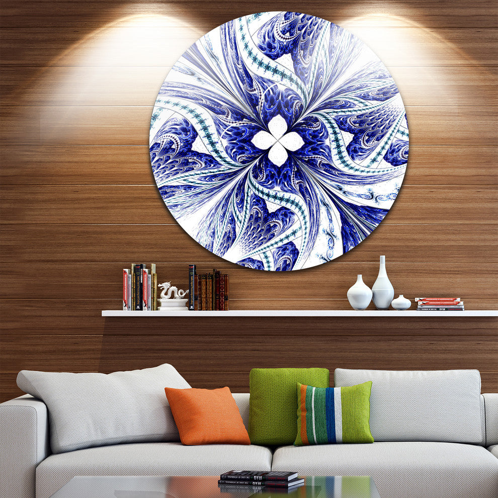 Symmetrical Blue White Fractal Flower, Floral Disc Metal Artwork, 36"