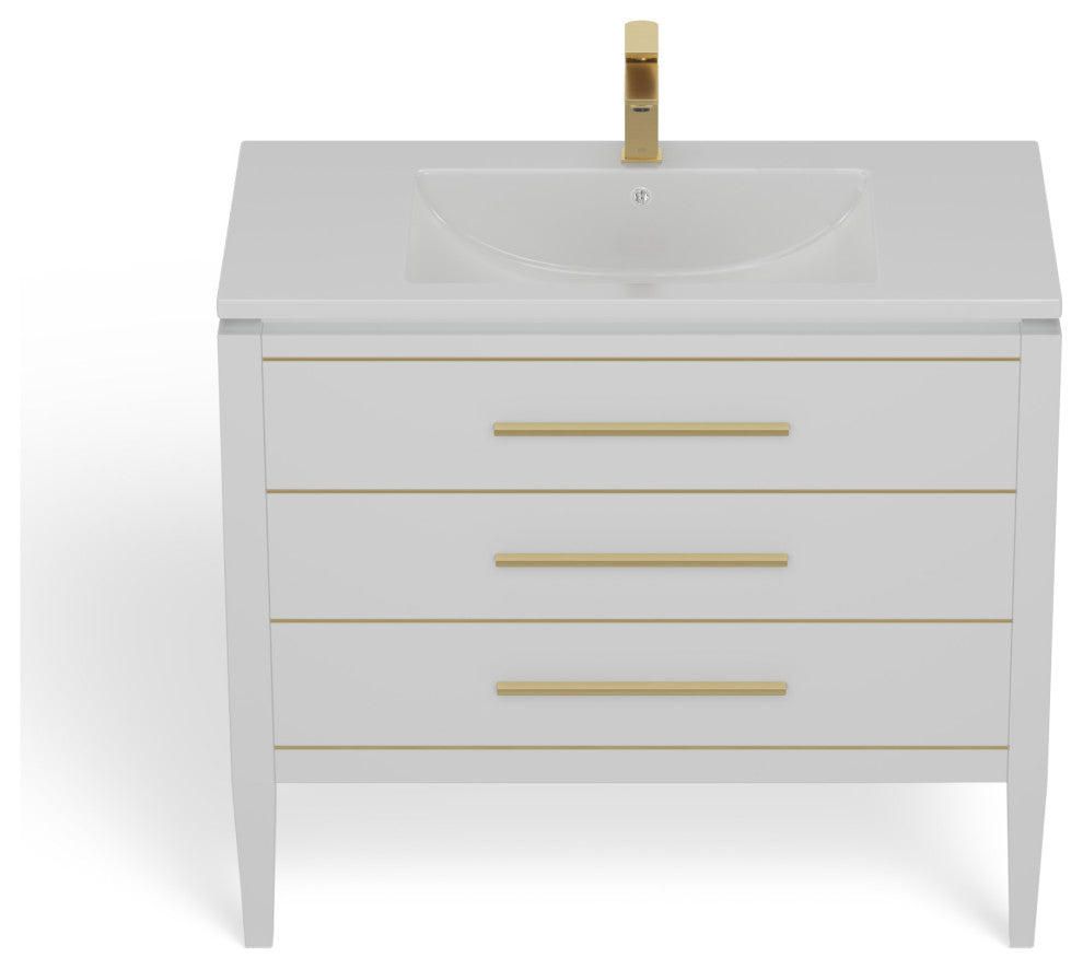 Celios Bathroom Vanity, White With Brass Trim, 36", Single Sink, Freestanding