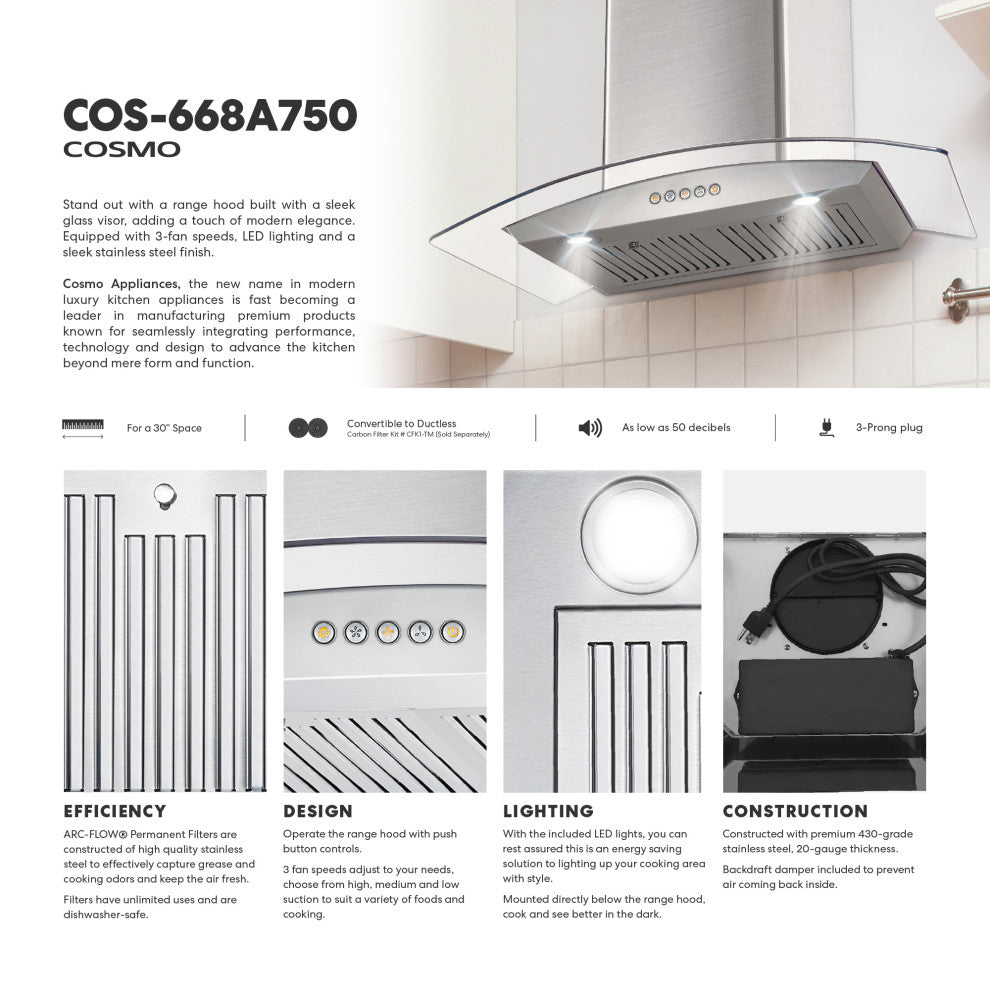 Cosmo 380 CFM Wall Mount Vent Range Hood With Permanent Filters & Glass Canopy, 30", Ducted