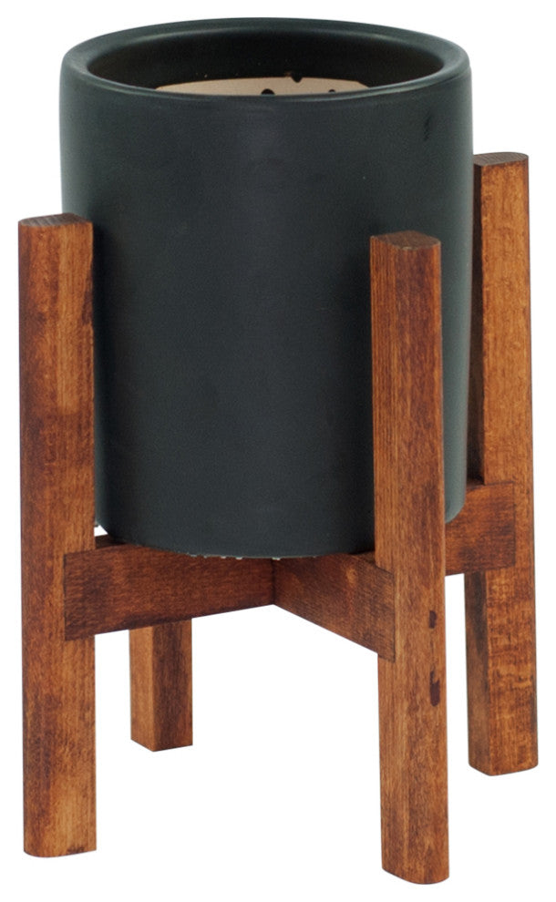 Modern Ceramic Cylinder Pot 5'' Black With Wood Plant Stand Walnut Color