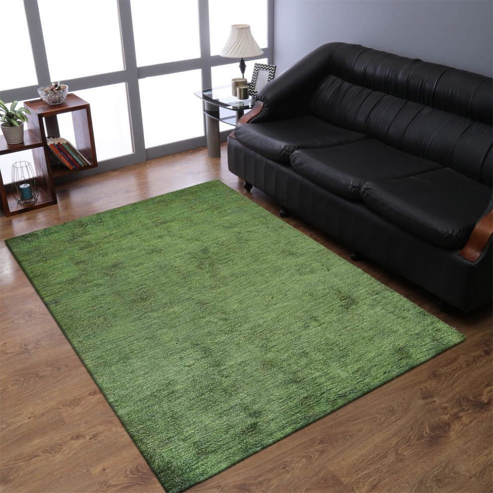 HAND KNOTTED LOOM SILK ECO-FRIENDLY AREA RUGS-Light Green Color,Solid Design, [Rectangle] 5'x8'