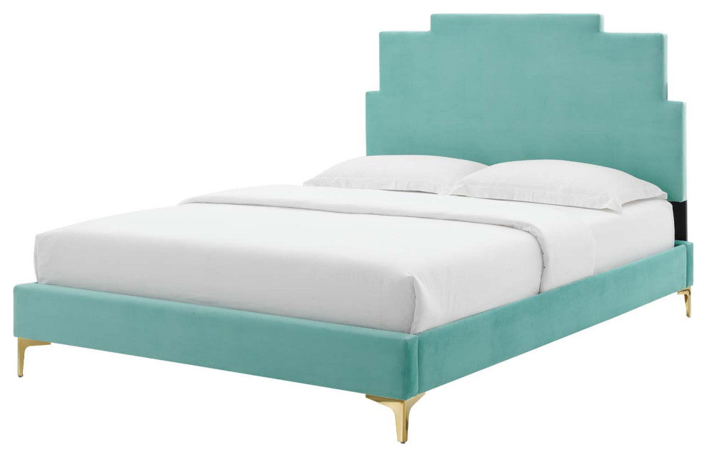 Platform Bed Frame, Queen Size, Velvet, Blue, Modern Contemporary, Bedroom