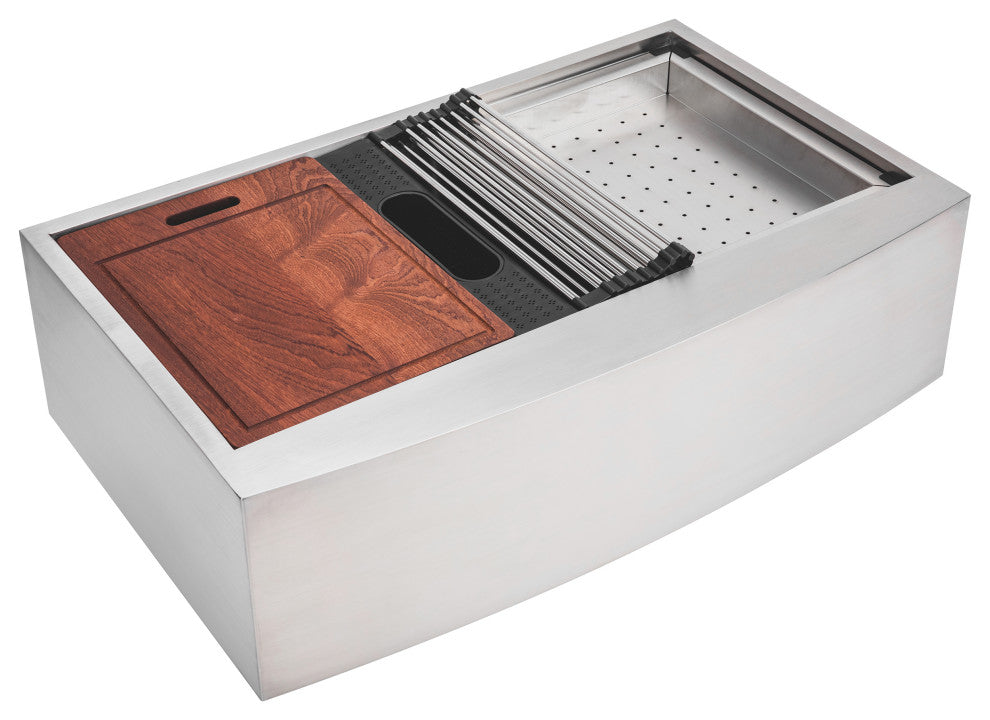 Workstation 36" Farmhouse Apron 16 Gauge SingleBowl Stainless Steel Kitchen Sink