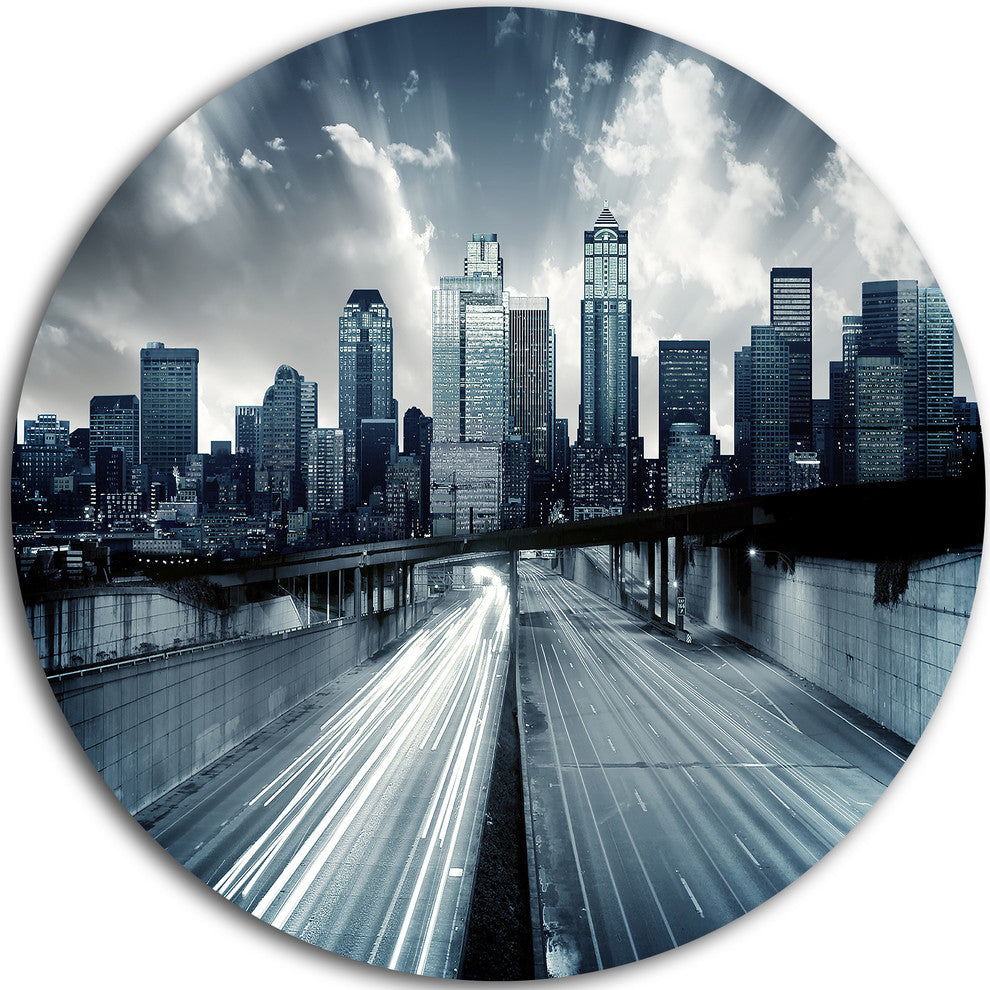 City With Blue Tint, Cityscape Disc Metal Wall Art, 11"