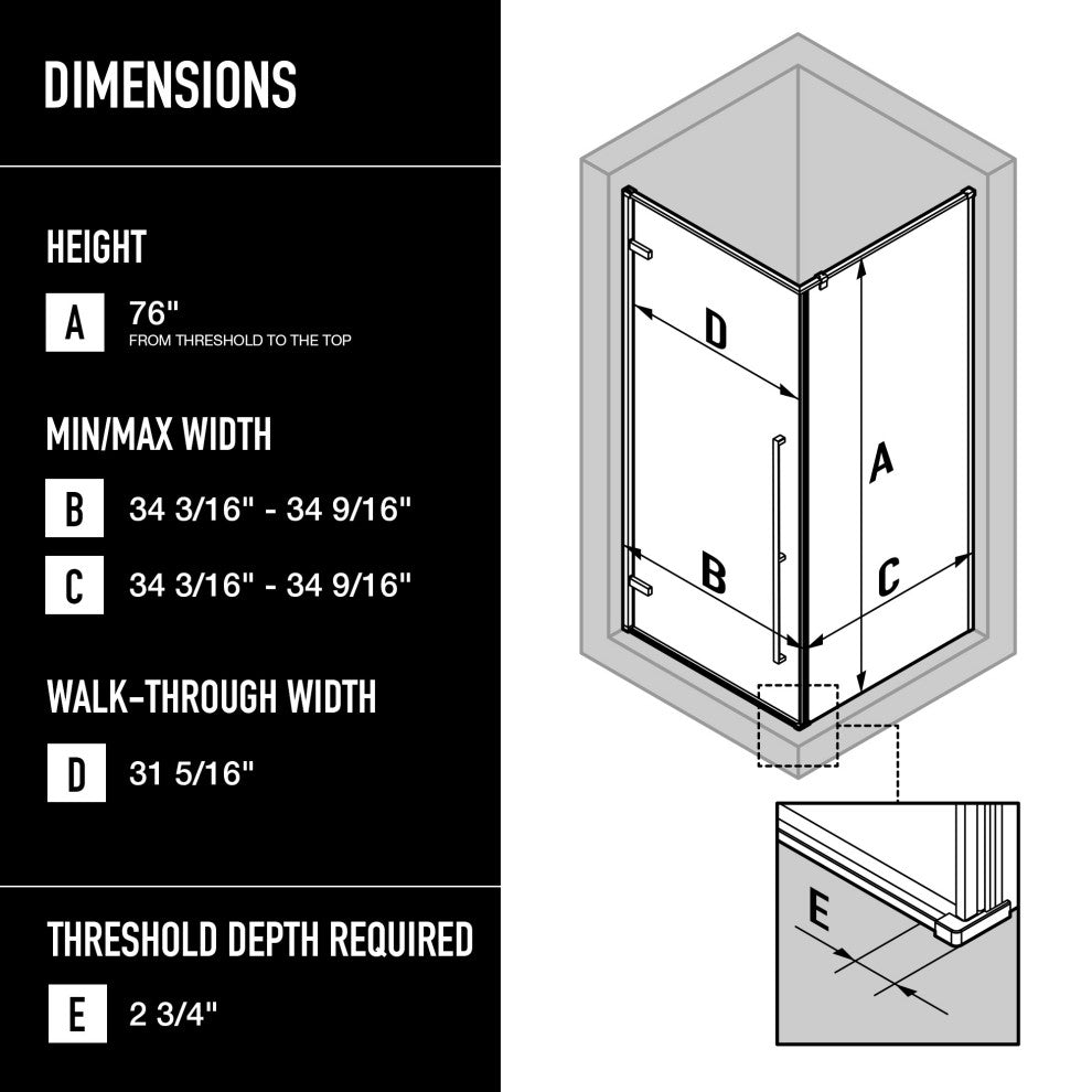 VIGO Meridian 34"D x 34"W x 73"H Framed Hinged Shower Enclosure, Matte Black