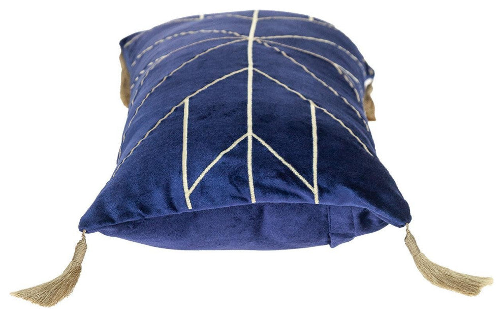 Blue and Gold Geo Velvet Lumbar Pillow With Gold Tassels