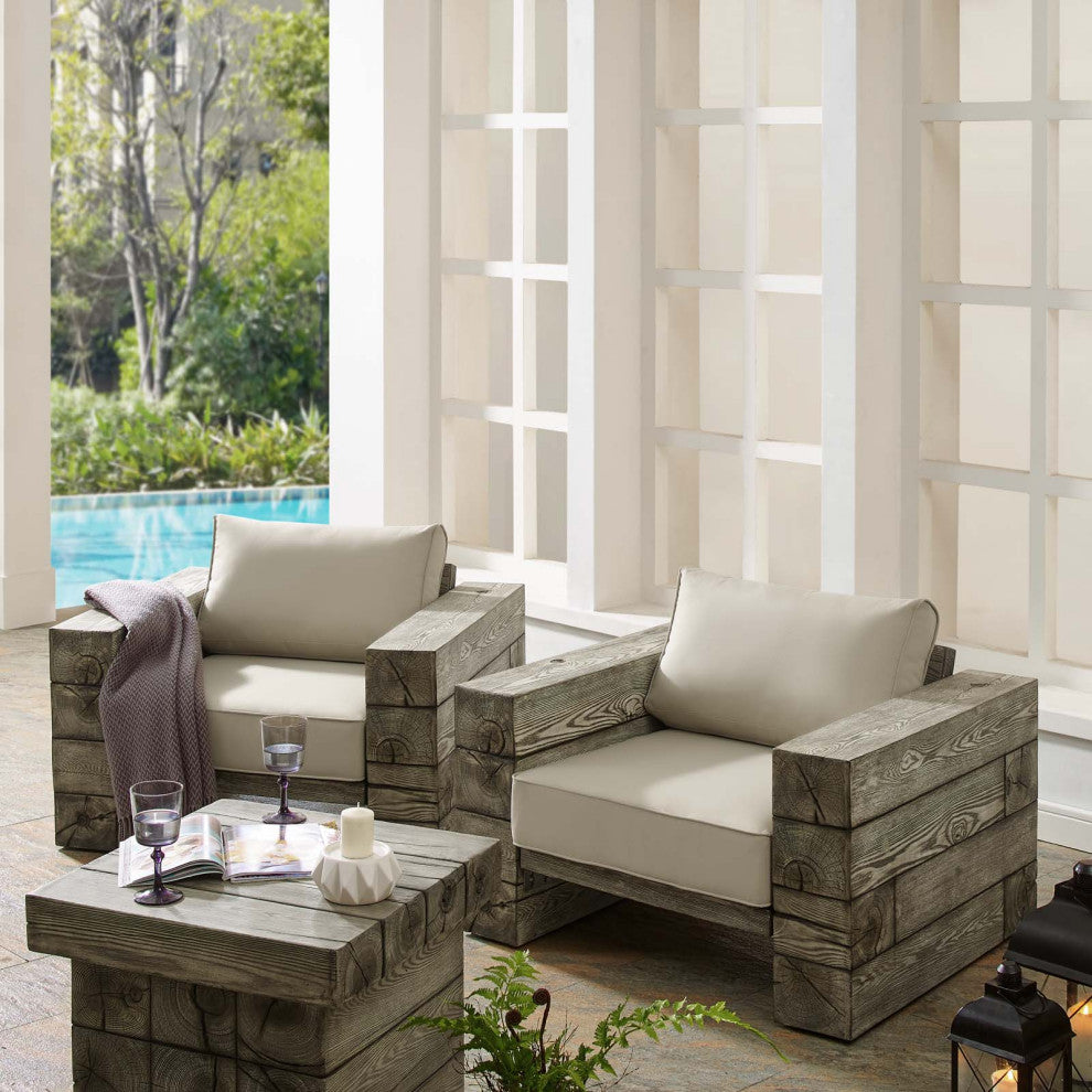 Chair Armchair, Sunbrella, Set of 2, Simulated Wood, Gray Beige, Outdoor