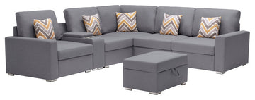 Nolan Gray Linen 7Pc Reversible Sectional Sofa, Storage Console Table, 89425-17B