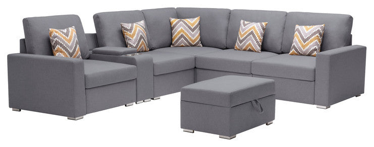 Nolan Gray Linen 7Pc Reversible Sectional Sofa, Storage Console Table, 89425-17B